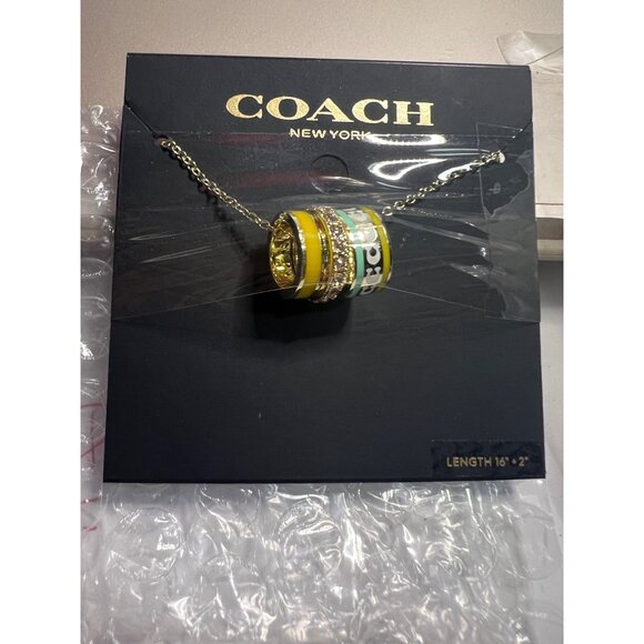 NEW! Coach Gold-Tone Multi-Ring Pendant Necklace With Logo & Crystal Accents - Picture 7 of 7